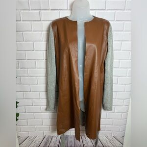 Brown and Gray Leather Jacket with Modern Contrast Sleeves